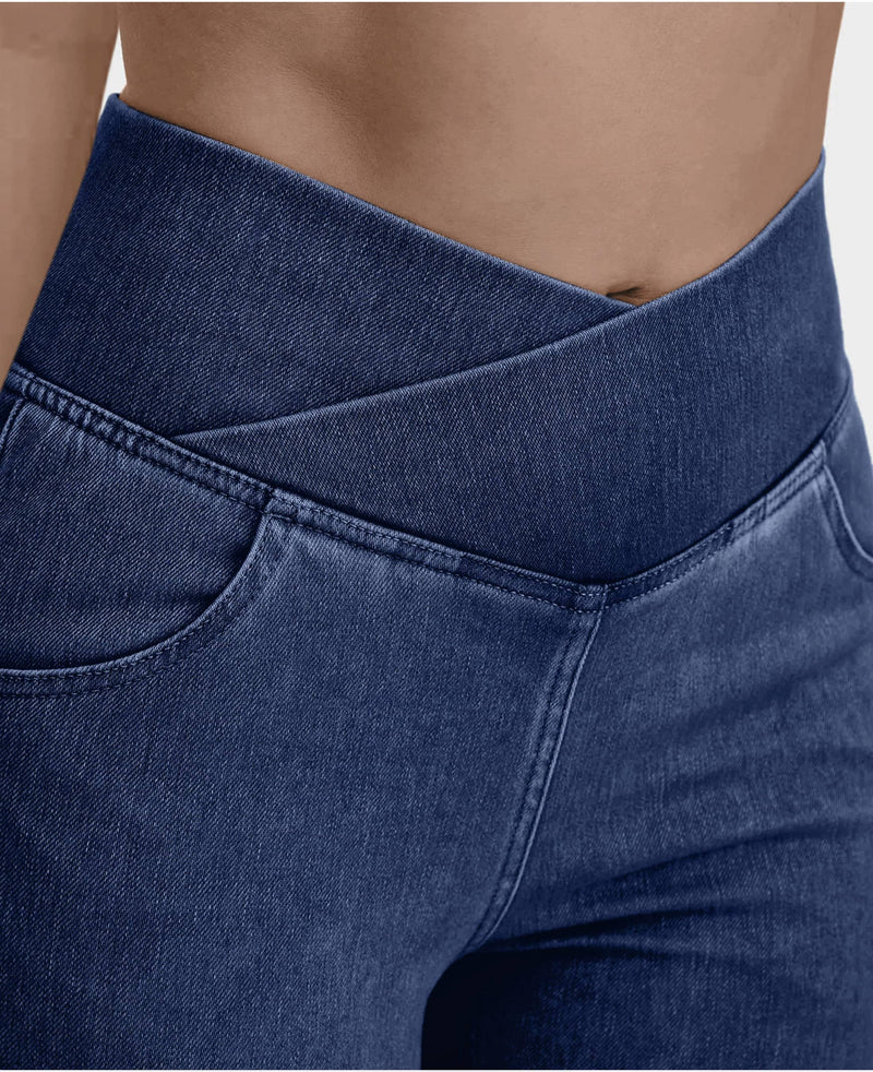 Calça Jeans de Cintura Alta Cruzada - Apex Descontos